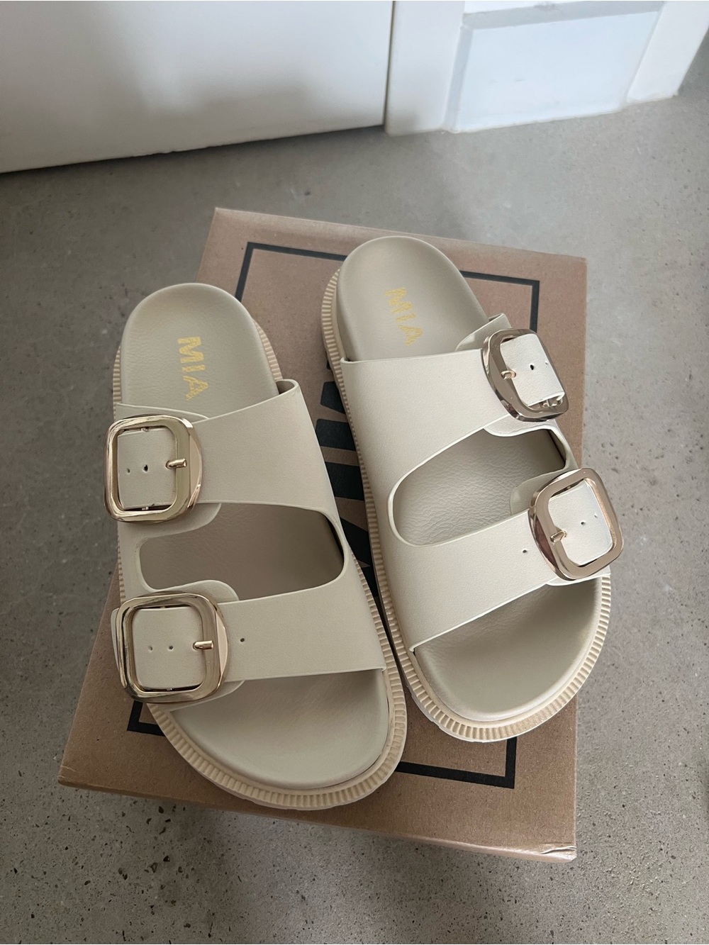 New MIA Ivory Double-Buckle Slide Sandals